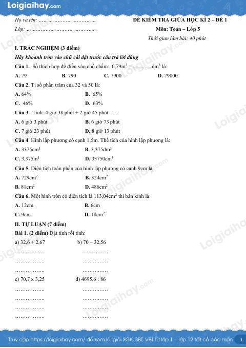 Đề số 1 - Đề kiểm tra giữa học kì 2 - Toán lớp 5